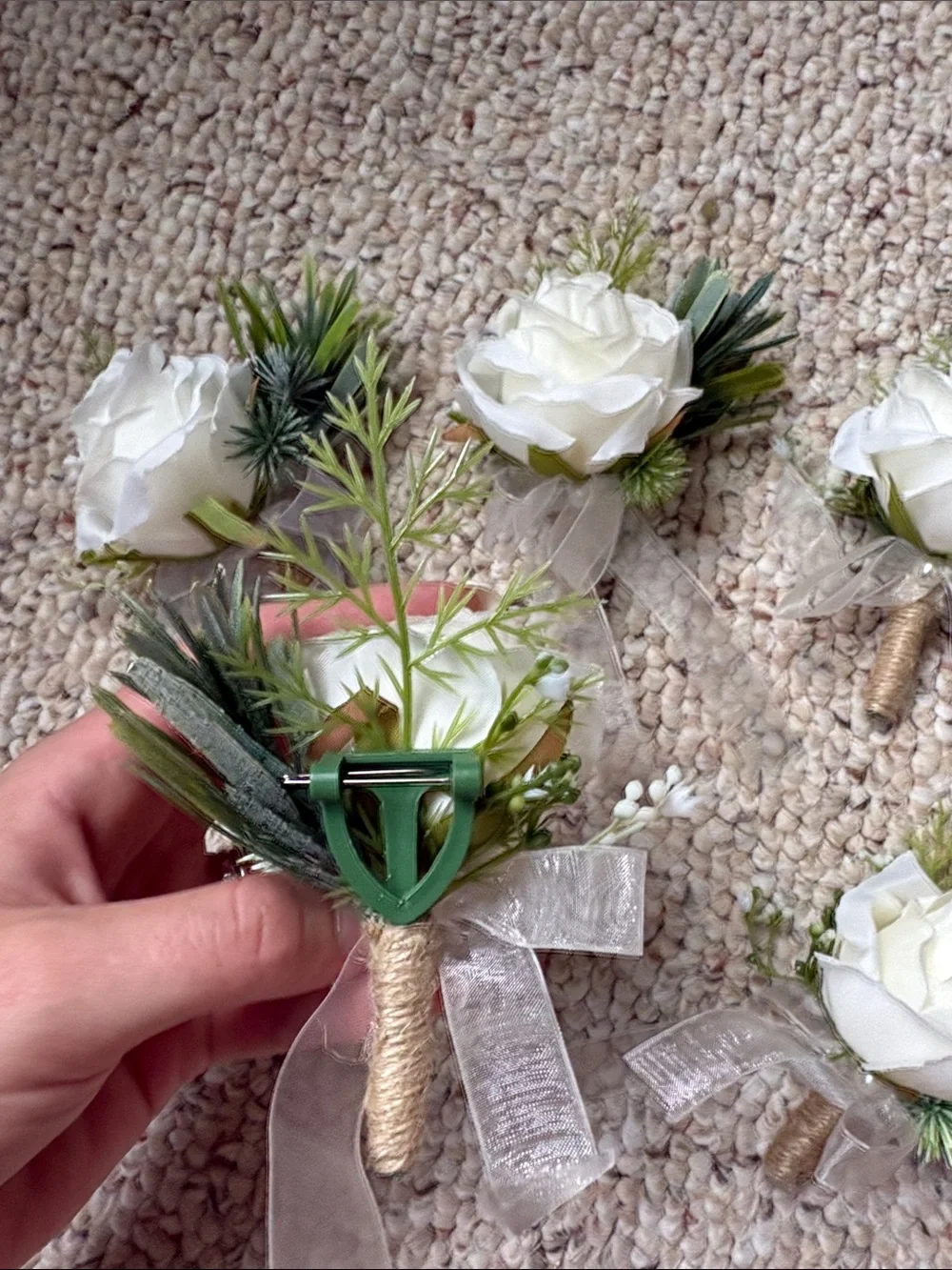 5 Elegant White Rose Boutonniere Set with Green Foliage